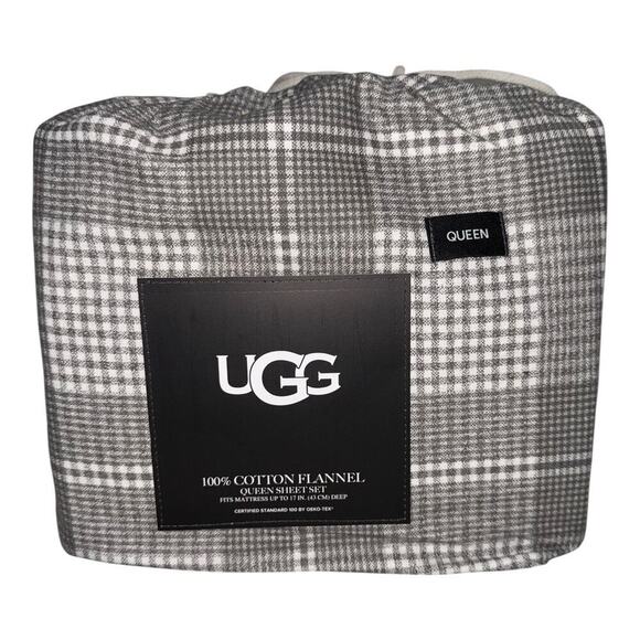 UGG Flannel Queen Sheet Set in Grey Plaid 100% Cotton - Picture 1 of 12